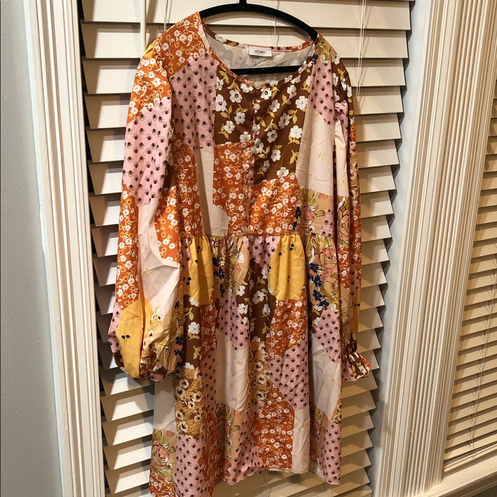 Long Sleeve Patchwork Floral Midi Dress in Pink & Brown